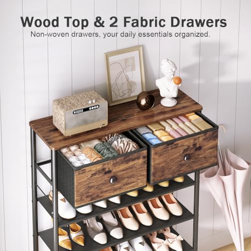 INGIORDAR Shoe Rack Organizer 5 Tier Metal Organizer Shelf with Industrial MDF Board and Layer Fabric for Entryway Closet Bedroom Living Room Garage (Black+Rustic Brown, 4 Tier with 2 Drawers) - color: Black+rustic Brown, size: 4 Tier with 2 Drawers