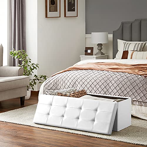 SONGMICS MAZIE Collection - 43 Inches Storage Ottoman Bench with Flipping Lid, Storage Chest with Iron Frame Support, Load 660 lb, for Living Room, Bedroom, Synthetic Leather, White ULSF75WT - color: White, size: 15"D x 43"W x 15"H