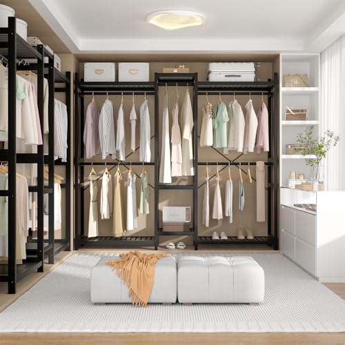 Homykic Bamboo Closet System Clothes Rack, Large Freestanding Garment Rack Clothing Rack for Hanging Clothes with 7 Storage Shelves and 5 Rods, Open Wardrobe Organizer with 4 Hooks, Black - color: Black, size: III Large