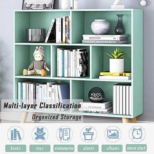 IOTXY Wooden Open Shelf Bookcase - 3-Tier Floor Standing Display Cabinet Rack with Legs, 7 Cubes Bookshelf, Tiffany-Green - color: Tiffany Green, size: 80CM