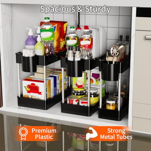 3 Pack Under Sink Organizers and Storage, 2 Tier Bathroom Cabinet Organizer Shelf with Hanging Cups for Kitchen & Bathroom (Black) - color: Black, size: 3 Pack