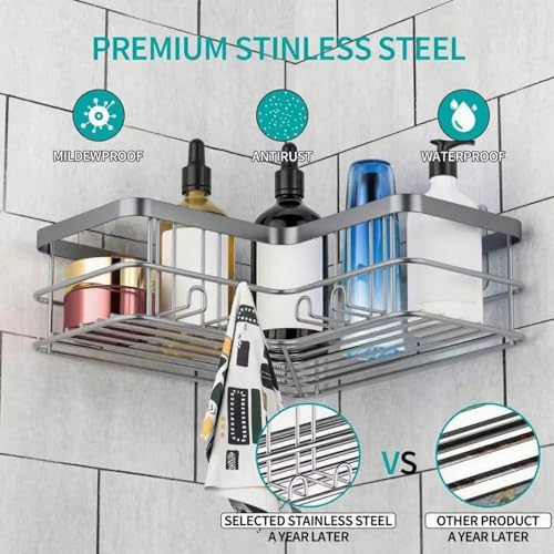 Yazoni Corner Shower Caddy, Adhesive Shower Shelves No Drilling [2-Pack], Rustproof Stainless Steel Bathroom Shower Organizer with 8 Hooks - color: Silver Grey, size: 2 Pcs