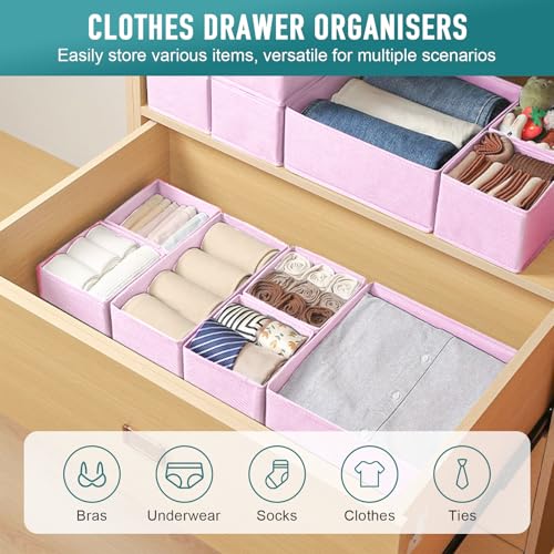 12 Pack Drawer Organizers Underwear Drawer Dividers Foldable Storage Boxes Fabric Closet Organizers Storage Cubes for Clothes Bras Socks Ties Cosmetics Stationeries Hair Accessories(Pink)