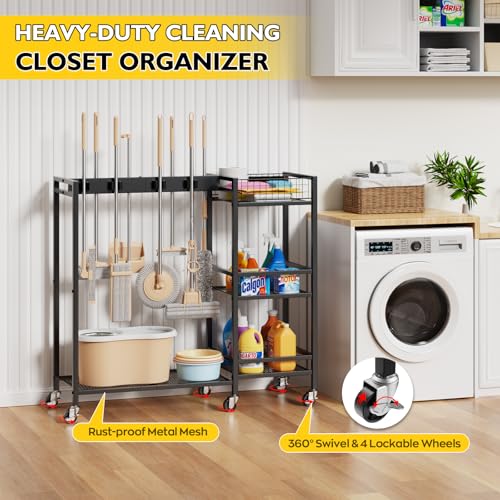 Broom Holder with Cleaning Supplies Organizer, Movable Broom Closet Storage Cabinet with Cleaning Caddy, Cleaning Cart with Mop Rack, Janitorial Housekeeping Cart on Wheels, Laundry Room Organization - size: Large
