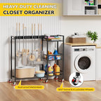 Broom Holder with Cleaning Supplies Organizer, Movable Broom Closet Storage Cabinet with Cleaning Caddy, Cleaning Cart with Mop Rack, Janitorial Housekeeping Cart on Wheels, Laundry Room Organization - size: Large