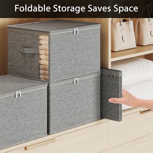 Clothes Storage Bins with Sturdy Frames, Foldable Fabric Clothing Organizer Box for Moving, Sweater Storage Cube with Lids and Zipper, Linen Closet Storage Bags for Blankets, Clothes, Sheet - color: Grey, size: Medium x 3 Packs