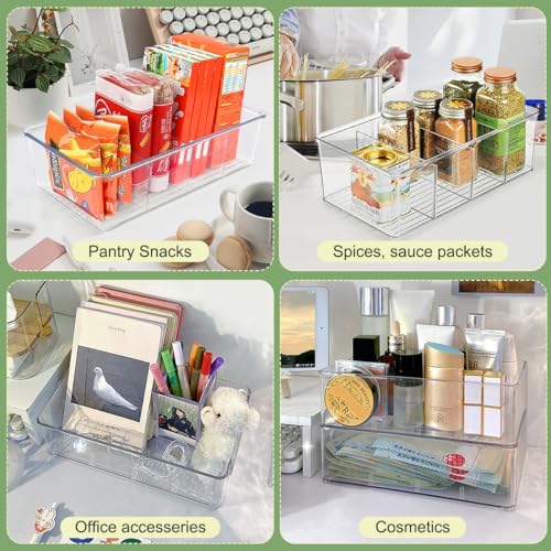 ZIZOTI Snack Organizer for Pantry Shelf, 2 Pack Clear Plastic Pantry Storage Bins with 3 Dividers for Snacks, Spices, Chips Food Organizer, Stackable Pantry Organizers for Kitchen, Fridge, Cabinet - color: 2 Pack