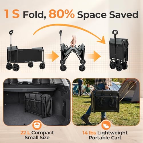 3-in-1 Portable Collapsible Wagon, Foldable Cart with Removable Side, Utility Groceries Wagon Cart for Dogs Pets Shopping Camping Beach Sports Gardeing Fishing, Black - size: 120L