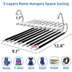 Cididu 4 Pack Pants Hangers Space Saving 9 Layers, Non-Slip Closet Storage Organizers, Stainless Steel Jean Clothes Hanger Pants Rack for Trousers Scarf Leggings Skirts, Dorm Room Apartment Essentials