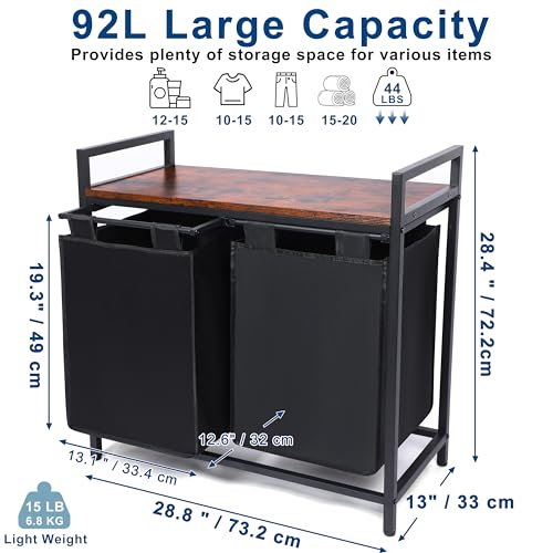 Whitmor Laundry Sorter, 92L Laundry Hamper with Shelf & 2 Removable Bags, 2 x 12.1 Gallons (46L), 28.8 x 13 x 28.4 Inches, Dirty Clothes Hamper Organizer for Laundry Room, Bathroom, Dorm, Black - size: 2 Section，Black