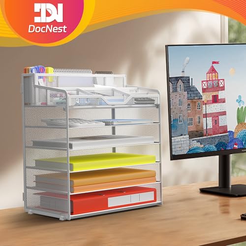 Docnest 6 Tier Mesh Desk Organizer for Paper Office Supplies – Multi-Functional Letter Tray with 5 Adjustable Compartments, 4 Pen Holders, Desktop Storage for Files, Mail, Stationery – White - color: White, size: 12.7" x 9.1" x 15.5"