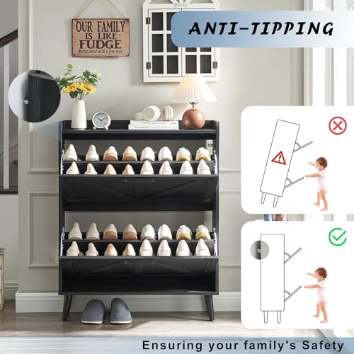 Barnyatoh Shoe Storage Cabinet with 2 Flip Drawers, Farmhouse Hidden Shoe Organizer, Narrow Slim Shoe Rack Cabinet for Entryway Hallway,Black - color: Black