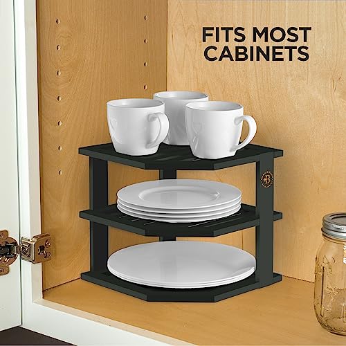 Bambüsi Plate Organizer for Cabinet - Corner Cabinet Organizer and Kitchen Cabinet Organizer Shelf, Kitchen Countertop Organizer for Plates, Dishes and Bowls, Space Saving Corner Rack, Black - color: Black