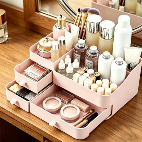 MIUOPUR Makeup Organizer with Drawers, Bathroom Counter Organizer, Plastic Cosmetic Display Case, Large Skincare Storage for Vanity Countertop, Ideal for Bedroom Dresser top and Desktop - color: Pretty Pink
