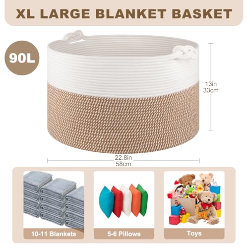 OIASKET Large Blanket Storage Basket for Living Room, 22.8" x 22.8" x 13" Woven Cotton Rope Basket with Handles, Baby Toy Storage, Laundry Hamper for Clothes, Pillows, Towels-Yellow and White - color: Yellow & White, size: 90L