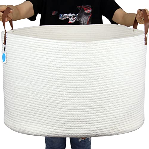 Casaphoria Extra Large Woven Cotton Rope Storage Basket for Organizing Towels Blanket Laundry Baskets for Bathroom,White Tall Laundry Basket for bedroom,Woven Hampe with Handles for Living Room - color: white