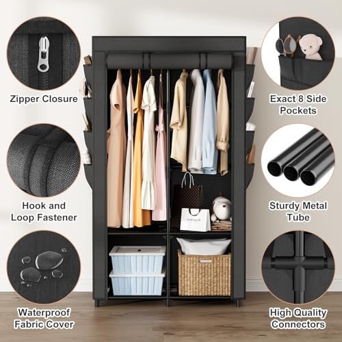 Portable Closet for Hanging Clothes, Portable Wardrobe Closet with Cover, 4 Storage Shelves, 2 Hanging Rods and 8 Side Pockets, Easy Assembly and Sturdy Free Standing Closet for Bedroom, Black - color: Black