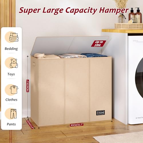 195L Laundry Hamper 3 Section,Large Laundry Hamper with Lid,Dirty Clothes Hamper with 3 Inner Bags,Collapsible Laundry Basket Organizer for Laundry Room,Bedroom,Laundry Sorter Hamper 3 Compartment - color: Oatmeal, size: 195L