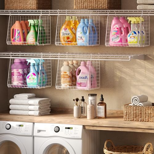 3-Pack Extra-Tall 13.6'' Hanging Laundry Basket Organizer, Foldable Wire Shelf with 360° Rotating Hooks & Reinforced Height - Durable Space-Saving Laundry Room & Closet Organizer, White Patent