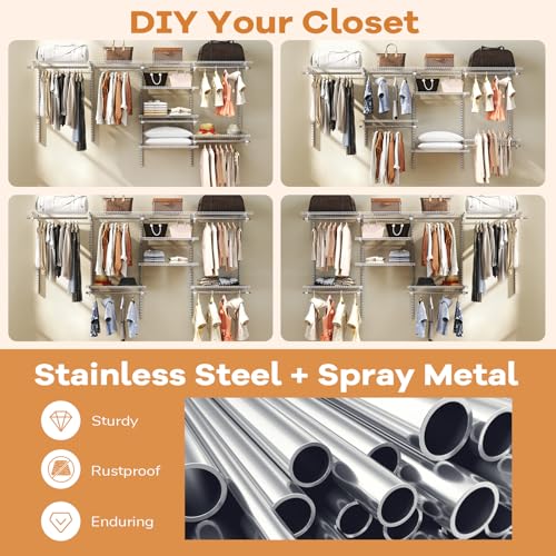 Giantex Closet Organizer System, Wall-mounted Custom Closet Kit w/Adjustable Storage Shelves, Wardrobe Clothes Rack w/Hanging Rods, Perfect for Coats, Pillows, Blanket (White, 98.5"x13.5"x48) - color: White, size: 98.5"x13.5"x48