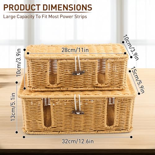 Cable Management Box - 2 Pack Cord Hider Organizer Boxs - Small & Medium Szie Power Cover Cord Box, Handwoven Rattan Cable Organizer for TV Computer USB Hub Power Strips & Cords