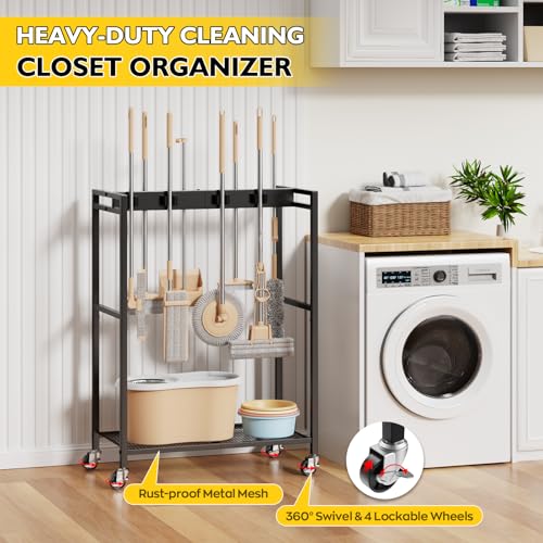 BORISI Broom And Mop Holder, Movable Broom Closet Storage Cabinet, Cleaning Cart with Mop Hanger Gripper Rack, Janitorial Cart, Utility Carts, Laundry Room Organization Home Essentials - size: Medium