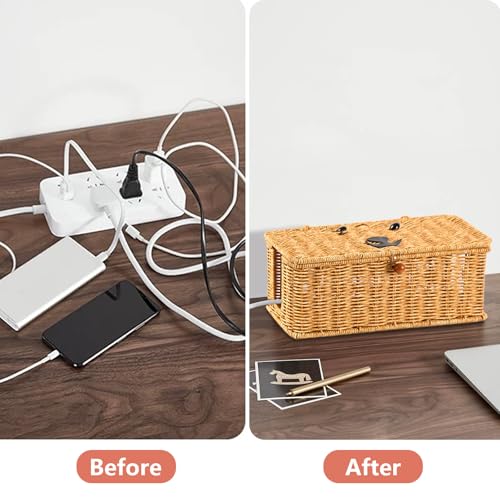 Cord hider box,Imitation rattan cable management organizer storage box with lid 2 open slots extension cord keeper charging basket cover under desk for hide wire cords and power strip-13"L*5.1"W