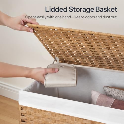 HOOBRO Storage Basket with Lid, 52.8 Gallon (200L) Wicker Basket, Handwoven Blanket Storage Basket with Handles, Metal Frame and Soft Lining, Foldable for Bedroom, Laundry Room, Natural NL220CW01 - color: Natural, size: 39.4"L x 15.7"W x 19.7"H