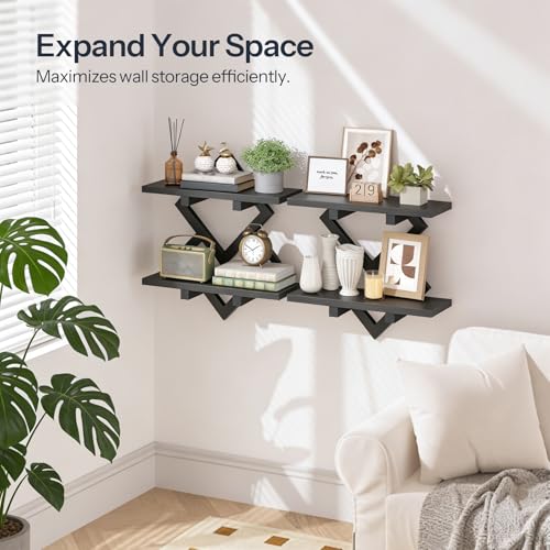 HOOBRO 15" Floating Shelves for Wall, Set of 2 Wall Shelf, 2-Tier Hanging Shelves, Wall Mounted Storage Shelf, Display Rack, for Living Room Bedroom Kitchen Bathroom, Black BB14BJP201 - color: Black