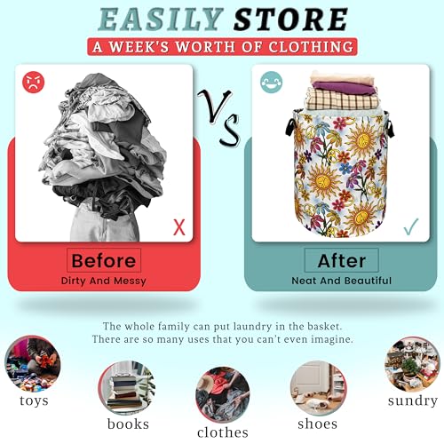 Colorful Hippie Peace Flowers Laundry Basket Foldable With Handles Tote Bag Oxford Cloth Funny Laundry Hamper Clothes Storage Bucket Toy Organizer For Bathroom/Laundry/Bedroom 18.9"x16.5 " - color: Colorful Hippie Peace Small Flowers Floral