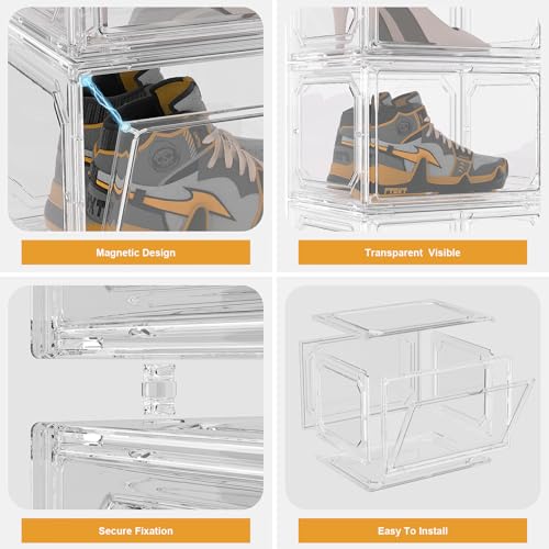 Shoe Box,Set of 6,Stackable Plastic Clear Shoe Box Organizer with Magnetic Door,Shoe Storage Box Thicken Sturdy,Easy Assembly,Fit up to US Size(Side opening door, Clear) - color: White, size: Side