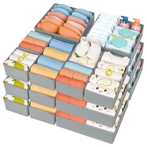 DIMJ Drawer Organizer 15 Pack - Foldable Baby Clothes Storage & Dresser Organizer for Nursery, Bedroom, Closet - Nursery Organization Dresser Dividers for underwear, Sock,Bra, Belt, Tie, Gray - color: Gray, size: 15 Pack