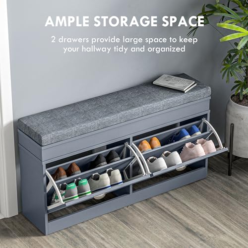 HOMCOM Modern Shoe Rack Bench for Entryway, Storage Organizer with Cushion, 2 Drawers, Adjustable Shelf, Holds 8 Pairs, Gray - color: Grey