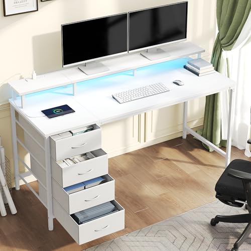 DUMOS Computer Desk with 4 Drawers,4 Drawer Gaming Desk with Power Outlets and LED Lights,Office Desk for Small Spaces with Monitor Shelf,Writing Desk for Home Office, Bedroom,Study 39 Inch White - color: White, size: 40-In