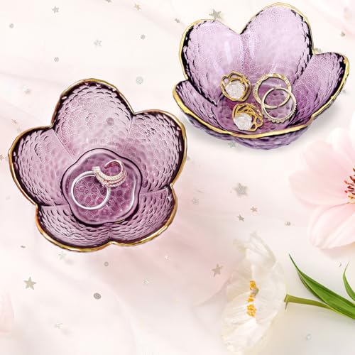Gifts for Women Purple Flower Jewelry Dish Glass Ring Holder Decorative Jewelry Tray Cute Vanity Room Decor Aesthetic Nightstand Bathroom Decor Trinket Dish Friendship Birthday Christmas Gifts (2pcs) - color: 2 Pcs Purple-9cm