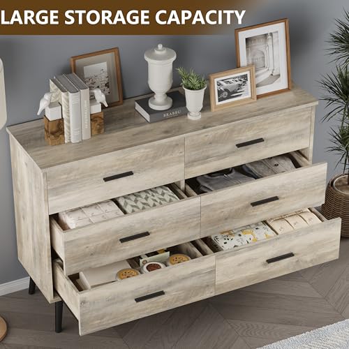Grey Dresser for Bedroom, Dressers & Chests of Drawers for Clothes Storage, Wood Dresser for Closet with 6 Drawers, Wide Long Clothes Organizer with LED Light for Hallway, Entryway, Metal Handles - color: Grey