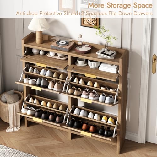 HOKYHOKY Large Rattan Shoe Storage Cabinet with 4 Flip Drawers & 2 Storages–Hidden Slim Shoe Organizer for Entryway, Large Tabletop Space, Farmhouse Boho Narrow Shoe Rack, Rustic Oak - color: Rustic Oak, size: 4 Flips