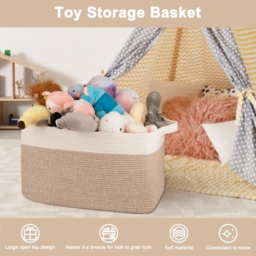 OIAHOMY Extra Large Blanket Basket, 95L Cotton Rope Woven Laundry Basket, Toy Bin for Baby Room, Container for Blanket Storage in Living Room, 24''×17''×14'', Brown & White - color: Brown & White, size: 95L