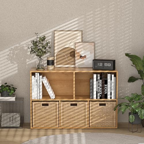 Wooden 5 Cube Storage Organizer with Closed Back Panel,White Cube Shelf Cubby Storage Organizer with Compartments for Living,Bookshelf, Easy to Install (Oak, 5 Cube-11in) - color: Oak, size: 5 Cube-11in