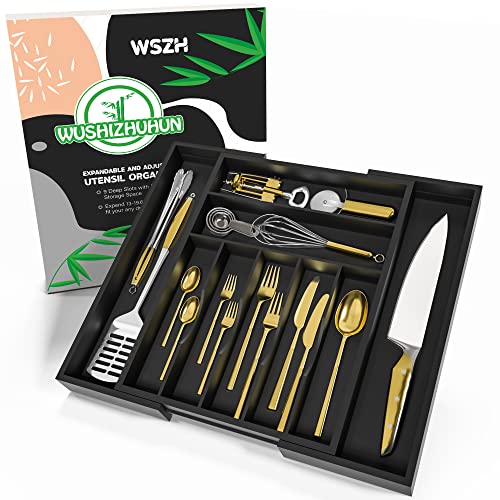 Utensil Organizer Silverware Drawer Organizer - Bamboo Expandable Cutlery Tray with Dividers for Utensil Holder Office Storage Makeup Desk Drawer Tool Organization W13.5"-19.5" x L17.5" x H2.5"(Black) | Expandable, Cutlery Tray, with Dividers, Utensil Hol