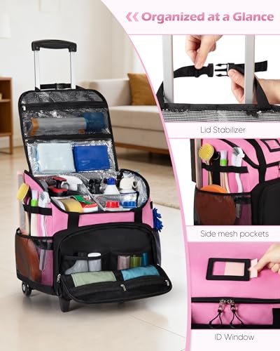 Marscamd Large Rolling Cleaning Caddy Bag with Detachable Trolley, Cleaning Supplies Organizer with Wheels for Housekeepers, Pink - color: Pink