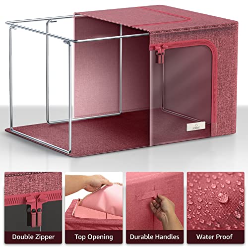 Sorbus Storage Bins with Metal Frame - Stackable & Foldable Clothes Organizer Bags - Oxford Fabric Storage Containers with Large Clear Window & Carry Handles Organization for Bedding Linen & Clothing - color: Pink, size: 4 Pack