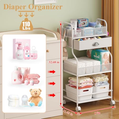 Baby Diaper Caddy Cart Organizer -3 Tier, Bedside Nursery Essentials Organizer & Storage Holder for Newborn Baby Stuff, 2+1 Dividers, 1 Drawer,Rolling Utility Cart for Bedroom,Changing Table, Crib. - color: White, size: 17"W*11.42"D*32.68"H