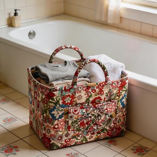 Quilted Laundry Basket with Handles - Multi-Purpose Fabric Storage Basket，Boho Fabric Storage Baskets with Handles for Car, Home & Nursery - Collapsible Square Organizer (Red) - color: Red