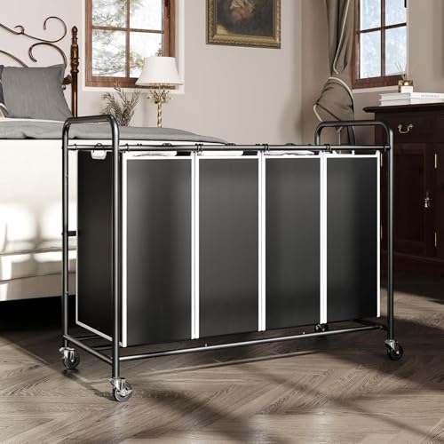 ROMOON Laundry Hamper Sorter Cart: 4-Section Organizer with Heavy-Duty Lockable Wheels and Removable Bags | 180L Rolling Laundry Basket for Dirty Clothes in Laundry Room or Small Spaces (Black) - color: black