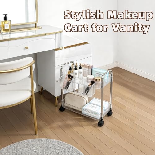2 Tier Utility Rolling Cart with Wheels Sofa Side Table Small Under Desk Storage Organizer, Clear Acrylic Plastic Mobile Trolley Organization Storage Cart for Kitchen Pantry Bathroom Vanity - color: Transparent