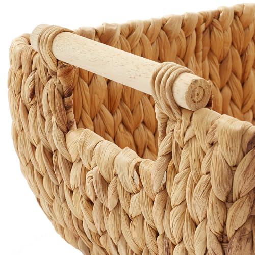 Casafield Set of 3 Water Hyacinth Oval Storage Baskets with Wooden Handles - Small, Medium, Large - Woven Nesting Basket Organizers - color: Natural - Hyacinth, size: Set of 3 - Small, Medium, Large