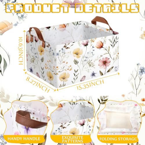 Boao 3 Pcs Wildflowers Storage Bin Wildflowers Collapsible Large Storage Baskets for Gifts Canvas Laundry Basket Foldable Box with Handle for Office Home Bedroom Clothes - style: Wildflowers