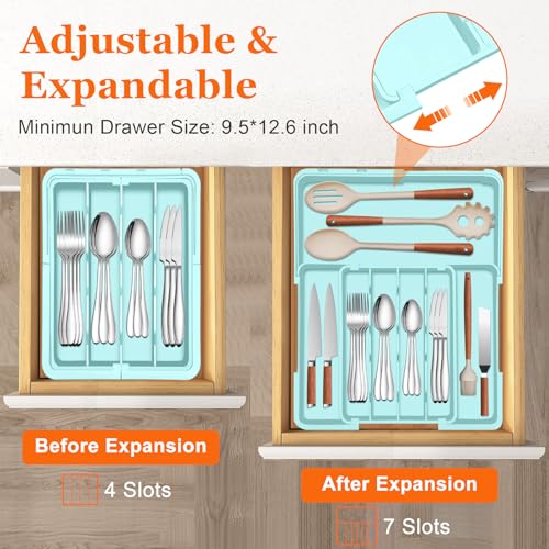 Spaclear Silverware Organizer - Expandable Silverware Drawer Organizer Adjustable Drawer Organizer, Silverware Tray for Drawer15.2"x 19" Cutlery Drawer Organizer, Kitchen Organizers Storage, Turquoise - color: Turquoise, size: M(9.5-15.2"w x 12.6-19"d)