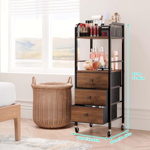 HapiRm Rolling Makeup Cart Organizer - Floor Skincare Make Up Storage with 3 Non-woven Fabric Drawers, Vanity Organizer Cosmetic Display Cases Holder for Skin Care Perfume Nail Polish Brush Hair Tool - color: Black